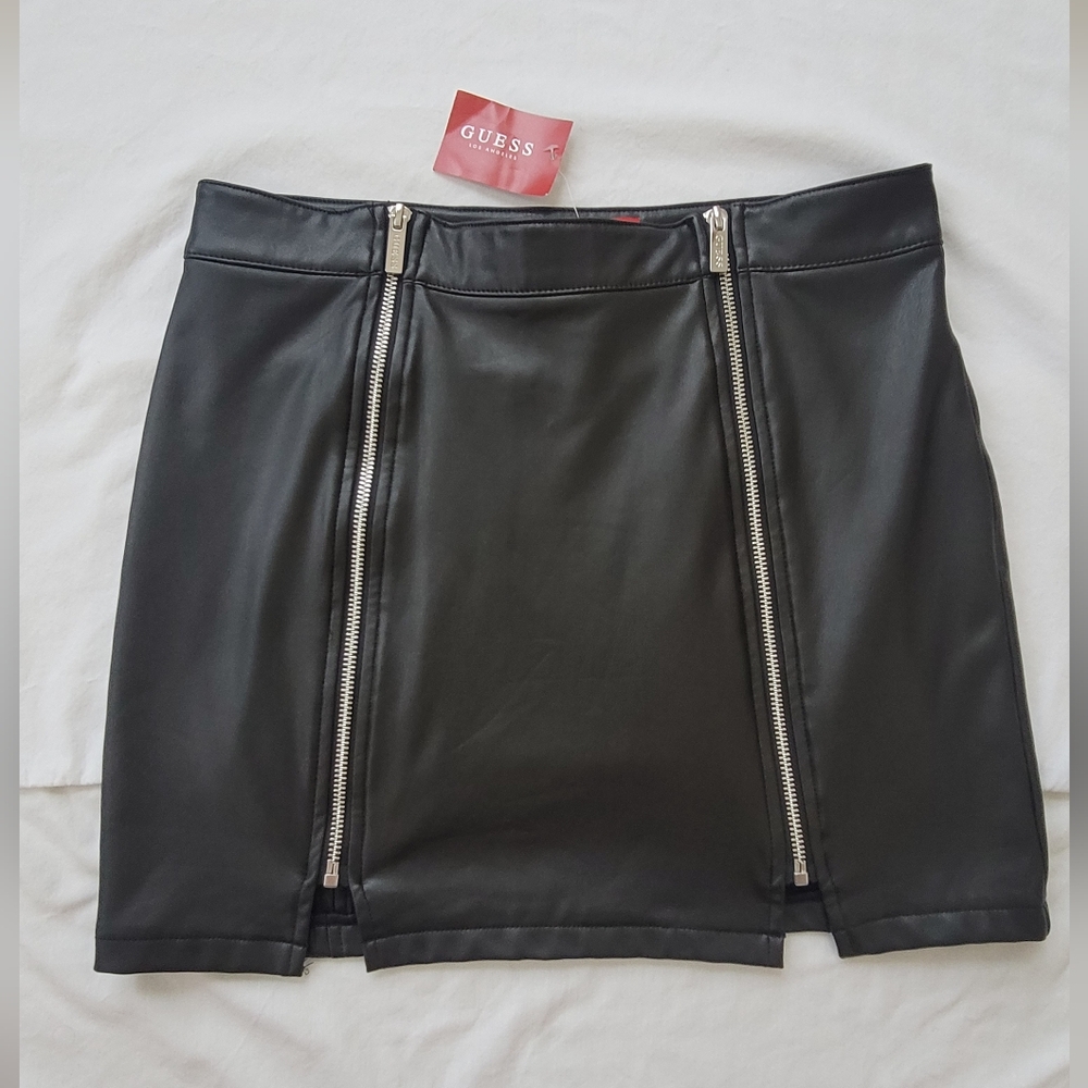 Guess Faux Leather Mini Skirt With Double Zippers New